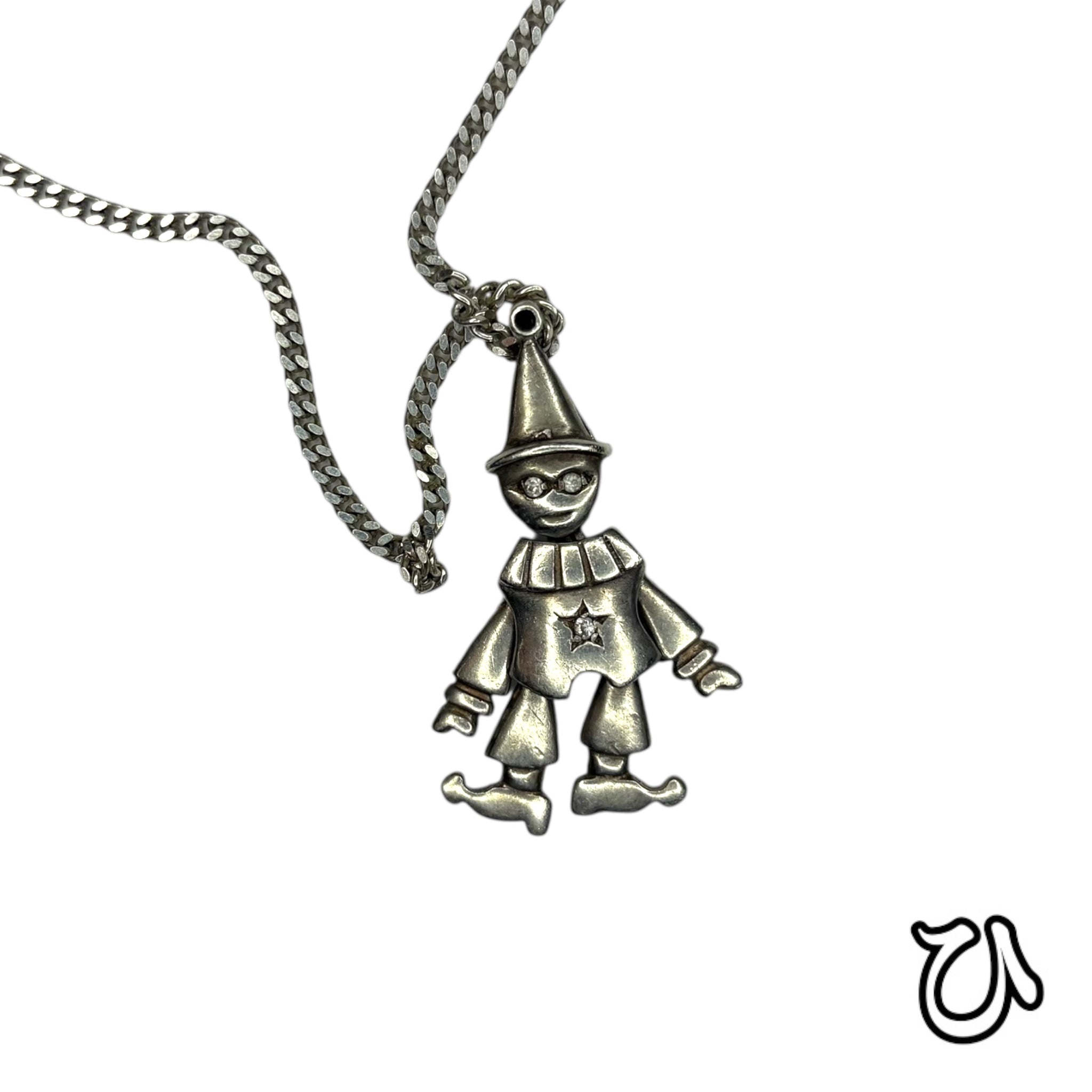 .925 Sterling Silver Articulated Clown Jester Joker Charm Pendant Clear Stones