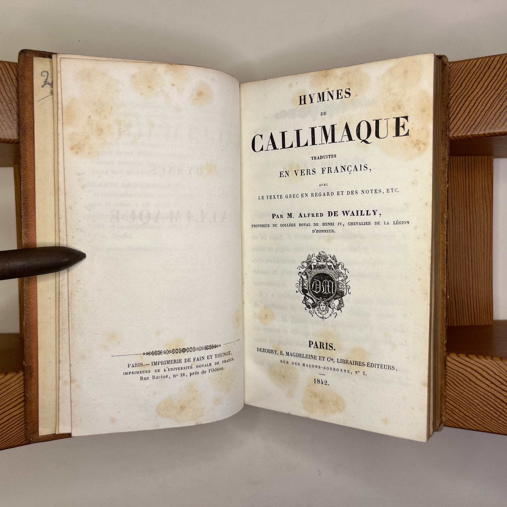 1842 Hymns Of Callimachus Translated to French by Alfred de Wailly